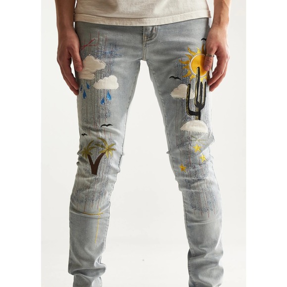 Embellish NYC Men's Indio Embroidered Distressed Skinny Fit Stretch Denim Jeans - Picture 2 of 5